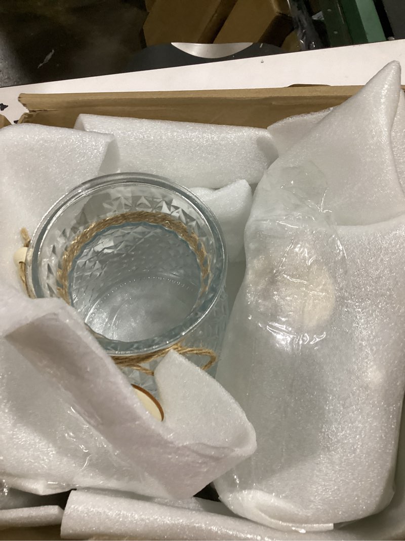 Condition photo showing Good Condition for 6 pcs glass bud vases with twine rope and heart label 6.3 inch boho vintage vase flower decorative glass vase for centerpieces holiday wedding home table decorations (clear) clear 6