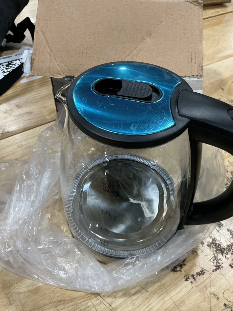 Condition photo showing As Is for electric kettle glass 2l, 1500w fast boiling hot water boiler with auto shut-off, led light, bpa-free, borosilicate glass, stainless steel interior, wide opening, cordless tea kettle