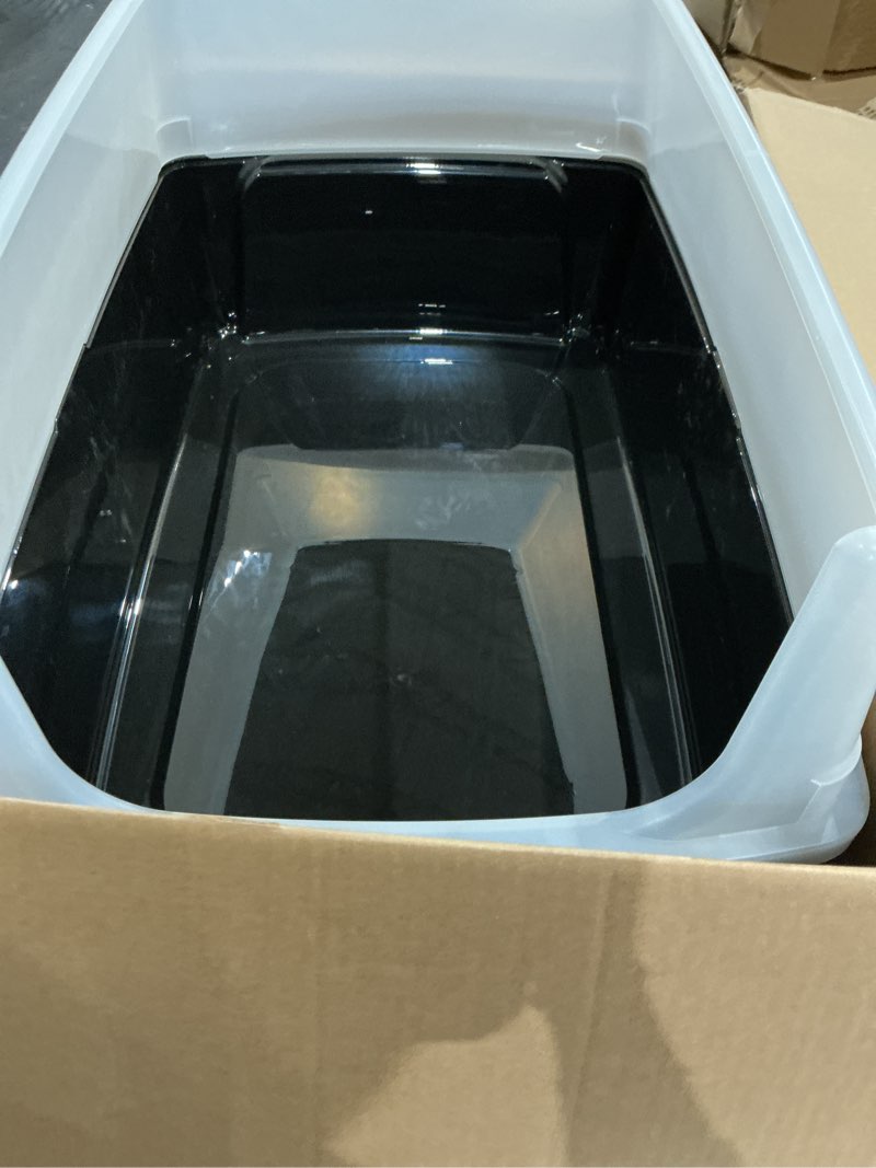 Condition photo showing As Is for color differs from stock photo. black. incomplete. missing scoop. iris open-top cat litter box with shield and scoop