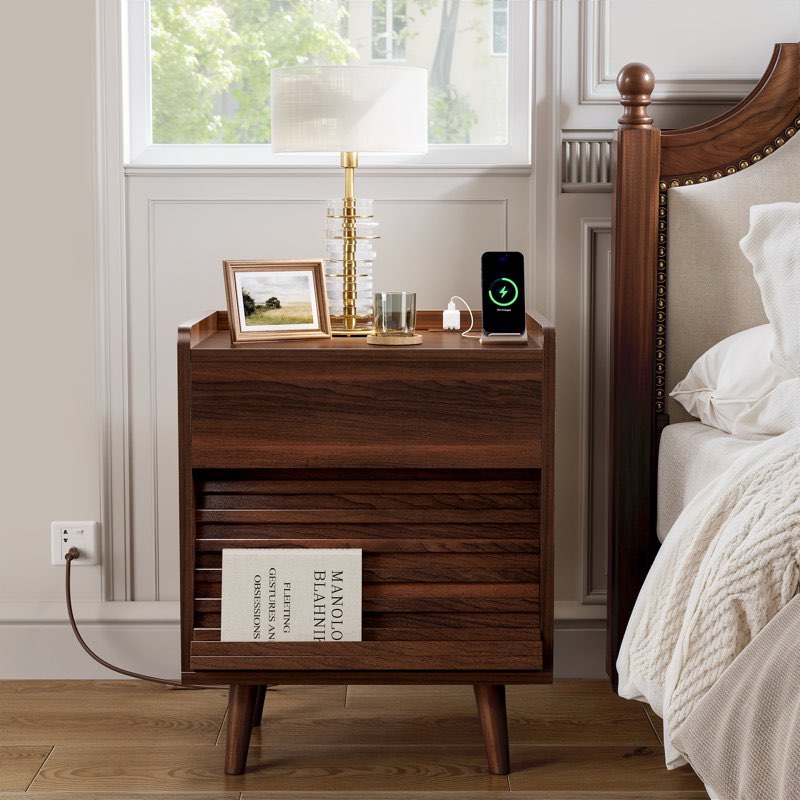 modern nightstand with 2 drawers,bedside table with outlets & led lights, file cabinet with slanted & wavy design