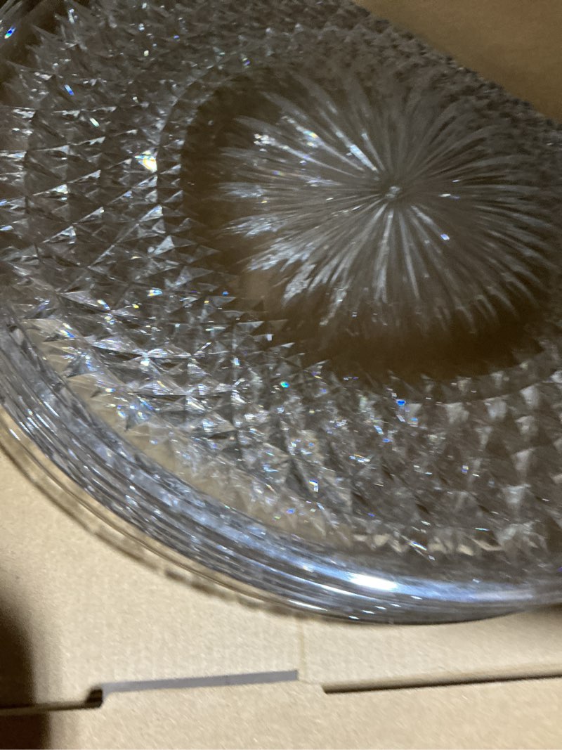 Condition photo showing As Is for fumete 6 pcs round plastic serving platters clear plastic serving tray acrylic crystal flan plates for food cake cookie fruits birthday wedding party supplies(14 inch)