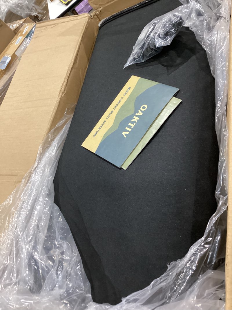 Condition photo showing As Is for oaktiv queen air mattress with frame, self inflating/deflating bed for adults - peakrest blow up bed, camping cot with mattress for adults - portable queen with travel rolling case on wheels queen with black bag