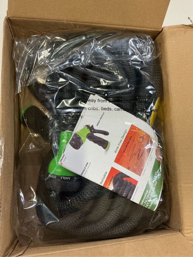 Condition photo showing New/Like New for flexi hose expandable garden hose with 8 function nozzle, 100ft - lightweight retractable garden hose, water hose - no-kink flexibility, 3/4 inch solid brass fittings and double latex core 100ft black