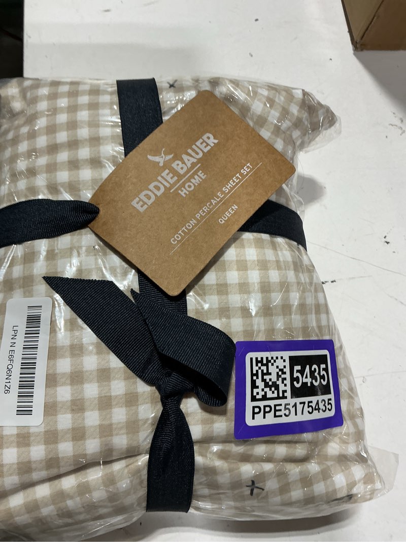 Condition photo showing New/Like New for eddie bauer - sheet set, cotton percale bedding with matching pillowcase, crisp & breathable, 200-thread count, classic comfort essentials (little gingham beige, queen) beige queen