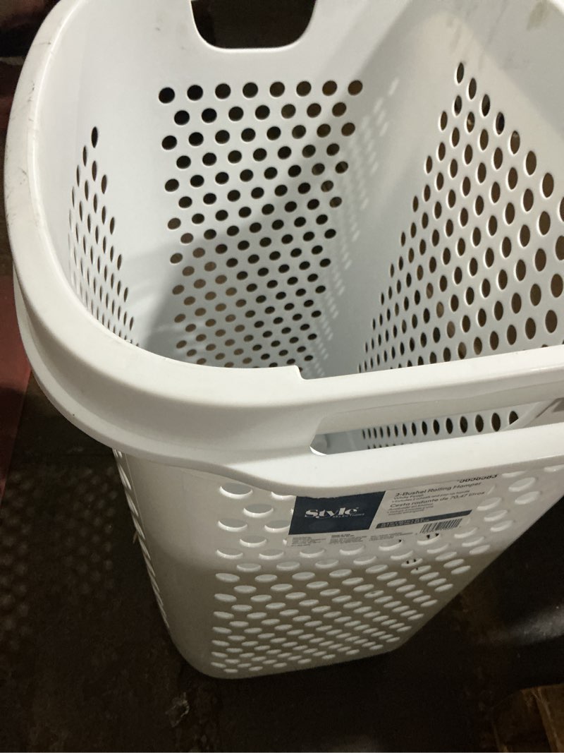 Condition photo showing As Is for style selections 2-bushel white plastic laundry hamper