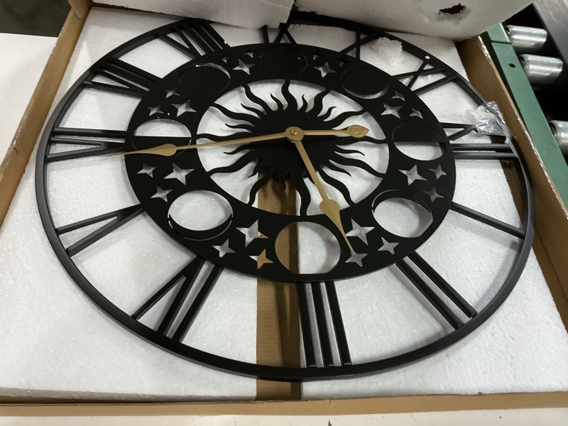 Condition photo showing Good Condition for bmuvghi 24" large metal wall clock, silent non-ticking clocks with roman numerals & gold hands, celestial moon phase decor for living room, farmhouse wall decor