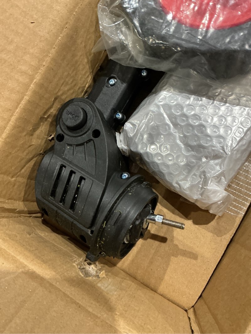 Condition photo showing As Is for 21v cordless weed wacker with wheels, 3-in-1 string trimmer, lawn edger & brush cutter, 2 batteries, 4 types blades, adjustable height, 90° pivot head, lightweight for thick weeds & small yards