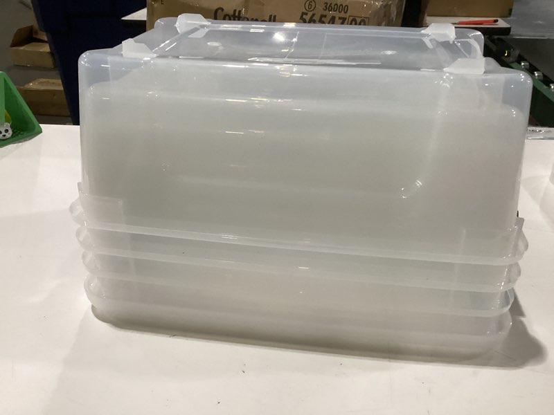 Condition photo showing New/Like New for iris usa 4-pack storage bins with lids, 13 quart, made in usa stackable see-through organizing solution latches durable nestable containers secure pull handle, bpa-free plastic clear 13 qt 4 pack