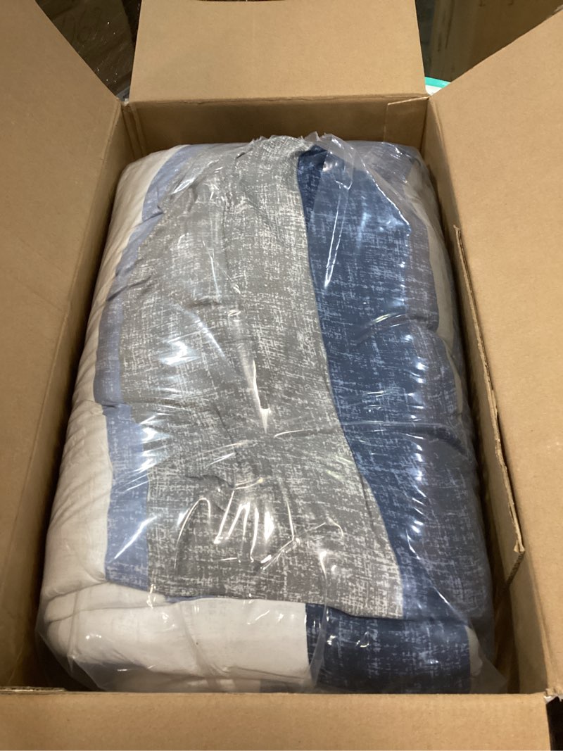 Condition photo showing Good Condition for Madison Park Essentials Jaxon Bed in a Bag Comforter Set with Sheet, Printed Stripe Design, Modern All Season Bedding and Matching Sham, Queen Blue/Grey 7 Piece Blue/Grey Queen