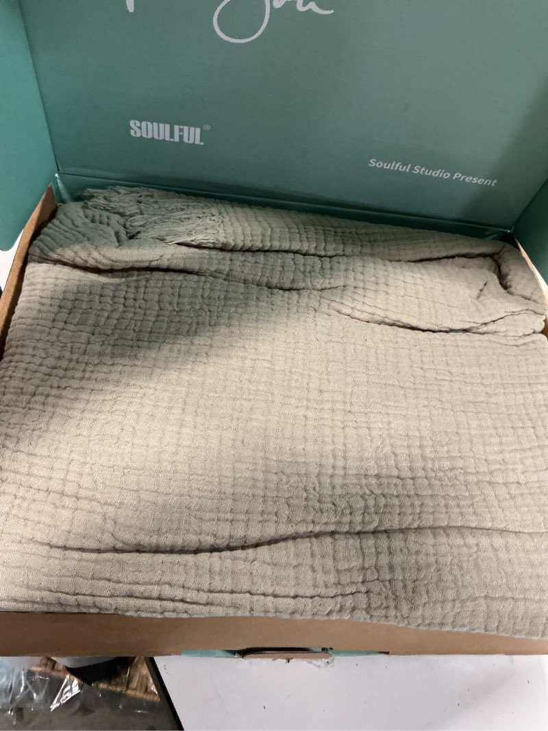 Condition photo showing Good Condition for SOULFUL Muslin Throw Blanket with Tassels - Soft Full Size Cotton Throw Blanket for Couch or Bed, Lightweight and Breathable Gauze for All Seasons, Light Tan, 66" x 90" Light Tan Full