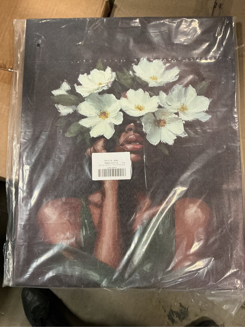 Condition photo showing Good Condition for (Similar to stock photo) HVEST African American Women Wall Art Black Girl and White Floral on Green Abstract Canvas Wall Art Modern Aesthetic Black Woman Wall Decor for Bedroom Living Room Dorm Bathroom Decor,20L X 12W inches