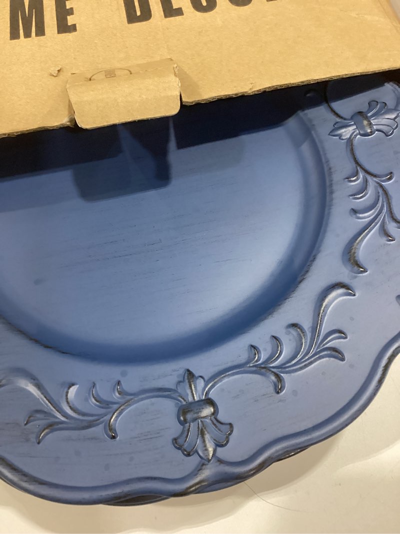 Condition photo showing Good Condition for spsyrine antique royal blue charger plate, 13" embossed plastic table plate chargers for dinner, set of 6 elegant decorations for wedding, dining, party events.