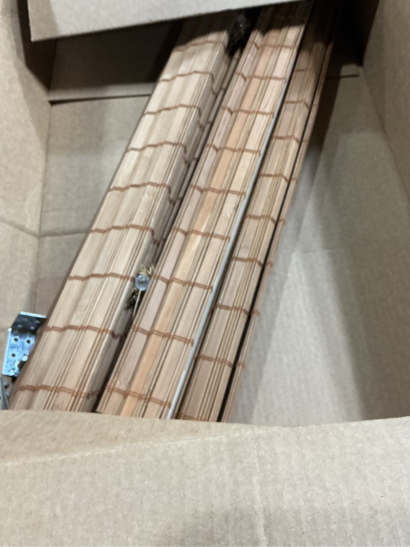 Condition photo showing As Is for chicology bamboo roman shades - customer favorite light filtering blinds for windows, premium quality, ideal for home, squirrel brown, 24" w x 74" h 24"w x 74"h squirrel