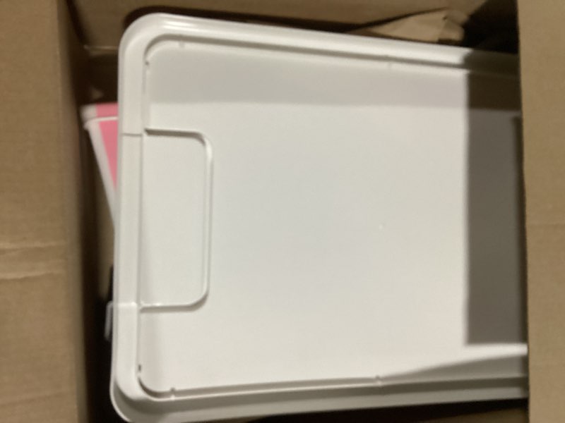 Condition photo showing Good Condition for 56 Quart Ultra Latch Box Large Storage Bins Waterproof Utility Tote Organizing Container Box with Buckle Lid Collapsible Clear Plastic Storage Box for Clothes and Bedding Pink