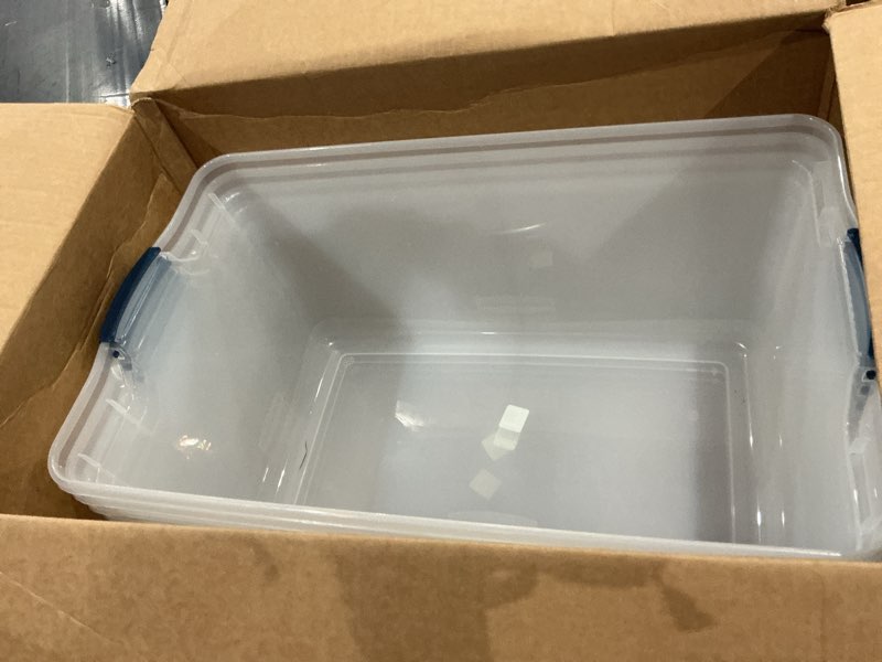 Condition photo showing As Is for storage totes only no lids rubbermaid cleverstore 95 qt clear storage bins with lids, 4-pack, stackable, bpa-free, made in usa 95 qt - 4 pack