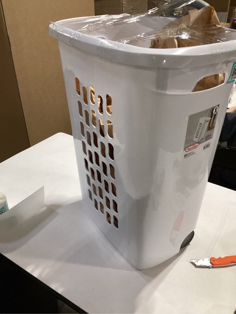 Condition photo showing Good Condition for sterilite ultra wheeled laundry hamper with lid, handle and wheels for easy rolling of clothes to and from the laundry room, plastic, white, 1-pack, portable