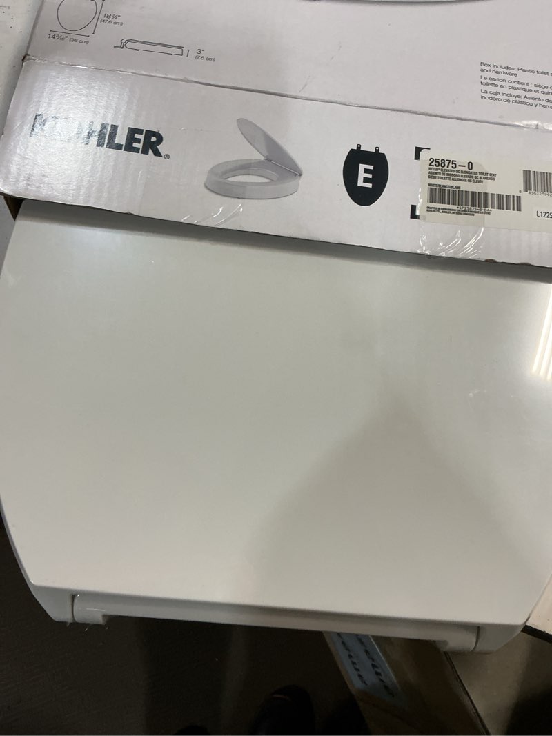 Condition photo showing New/Like New for kohler 25875-0 hyten 3" height, elevated soft close elongated toilet seat, contoured seat with grip-tight bumpers, quick-attach hardware, no slam toilet seat, white white elongated