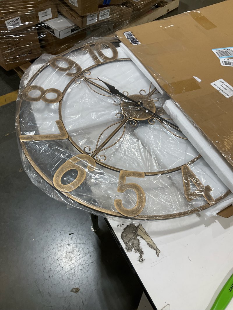 Condition photo showing Good Condition for 24 inch Wall Clock, Large Wall Clocks for Living Room, Decorative Metal Round Clock Battery-Operated Silent Non Ticking Retro Rustic Arabic Numerals Analog, Bronze Bronze Arabic Number 24 Inch