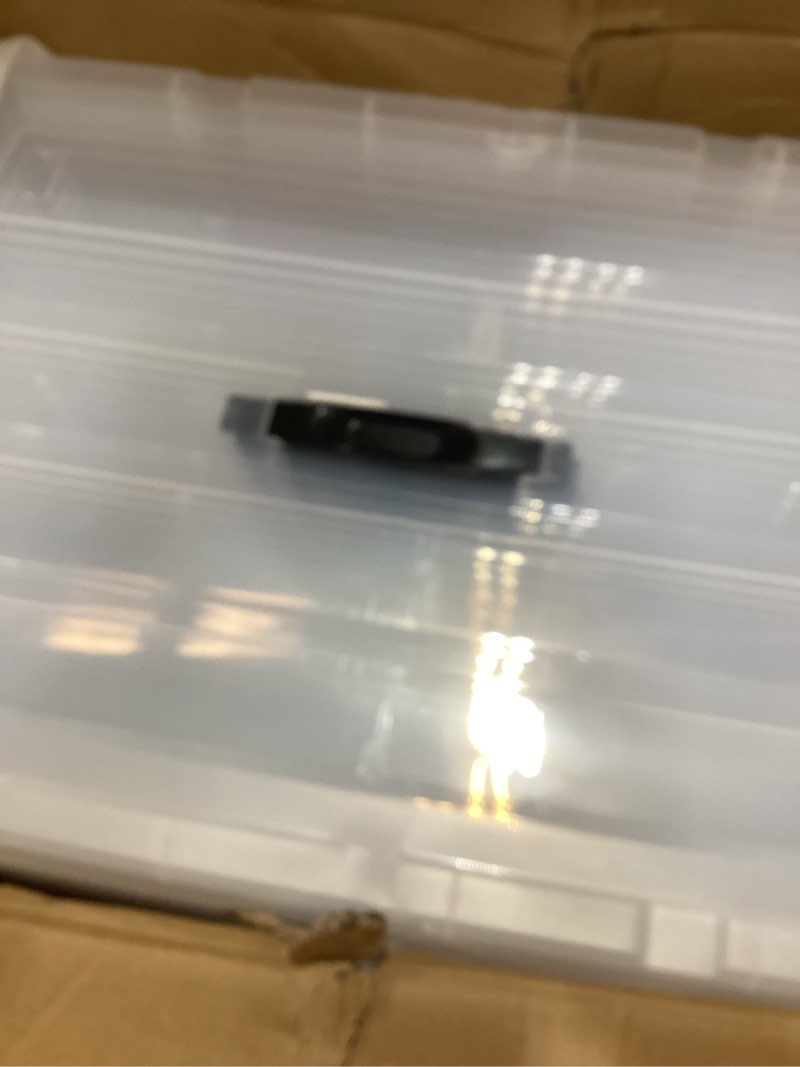 Condition photo showing New/Like New for plastic storage bin box organizing container with lid and secure latching buckles, clear, 72qt x 4, pack of 4