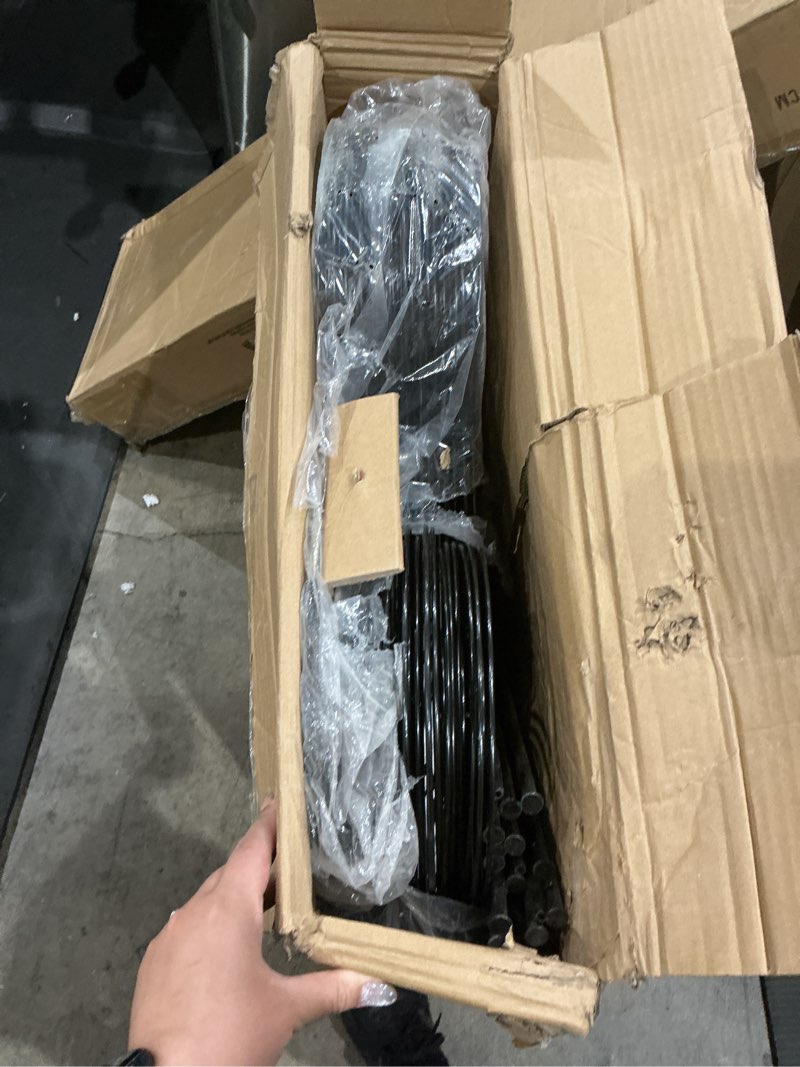 Condition photo showing As Is for 25 panels no dig decorative garden fence, 32in(h) x 50ft(l) tall dog fence outdoor for yard, rustproof metal wire garden fencing animal barrier with ground stakes, temporary fencing for patio outdoor 25 pieces, 32in(h) x 50ft(l) black