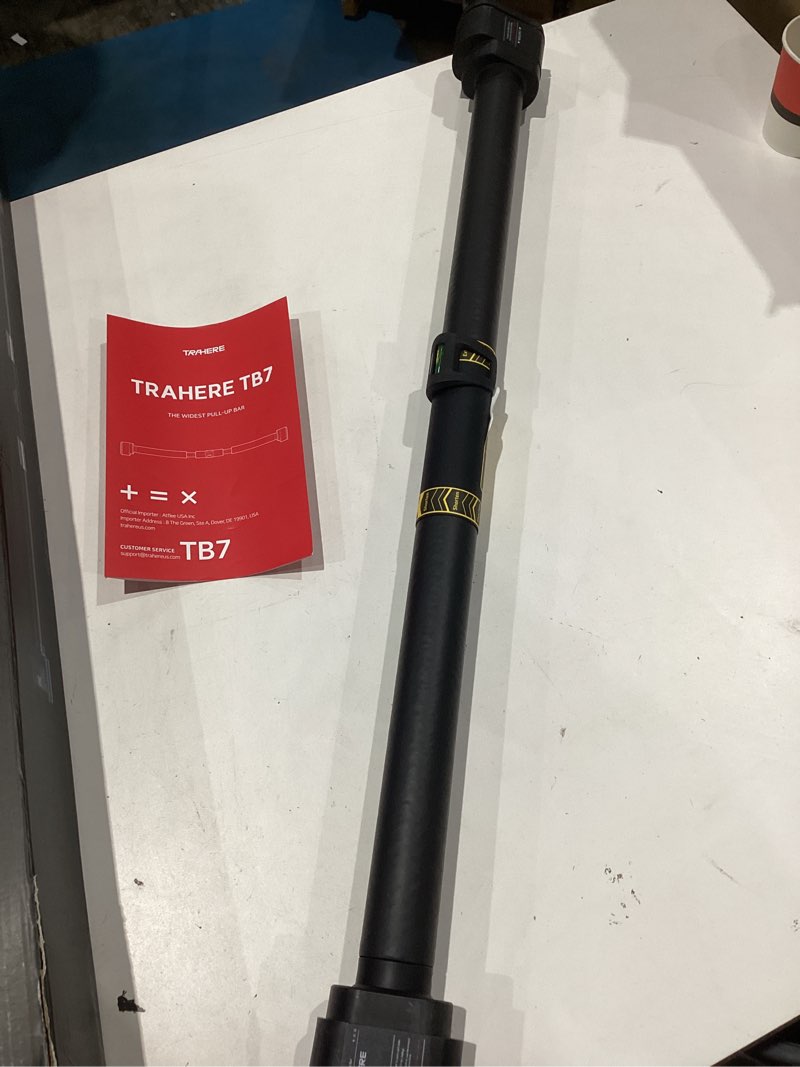 Condition photo showing Good Condition for doorway pull up bar, patented flat structure with uninterrupted full-length grip, extra wide 26.8–32.7", 573 lbs capacity, adjustable 31.8–36.6" doorways, tool-free installation