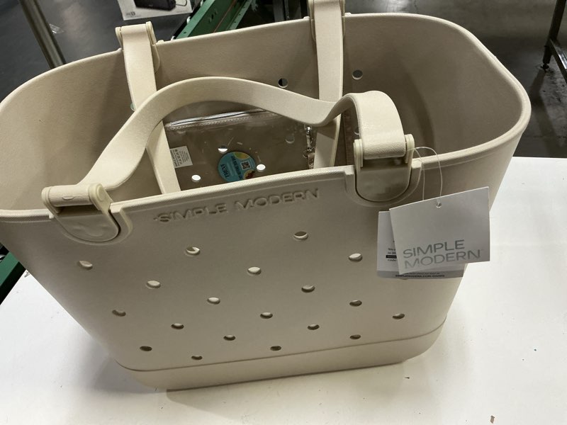 Condition photo showing New/Like New for Simple Modern Large Beach Bag | Waterproof Getaway Rubber Tote with Zipper Pocket for Travel, Pool, Boat, Groceries, Sports | Almond Birch Large -Almond Birch