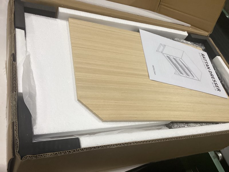 Condition photo showing New/Like New for 3 drawer rattan dresser for bedroom, wood dresser for closet with metal handles, small boho nightstand, white dressers & chests of drawers for bedroom, hallway and entryway 3 drawers