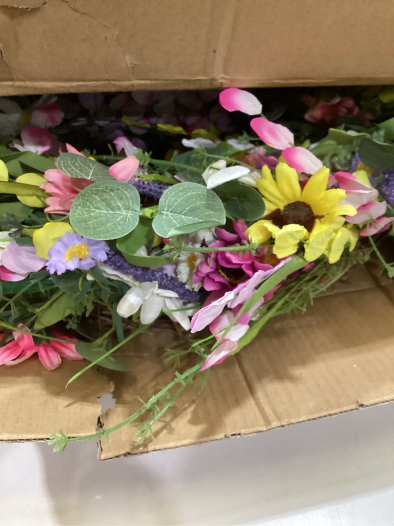 Condition photo showing Good Condition for 28 inches large spring wreaths for front door spring flower wreaths summer door wreath colorful wildflower wreath with daisy lavender for window indoors outdoor decor