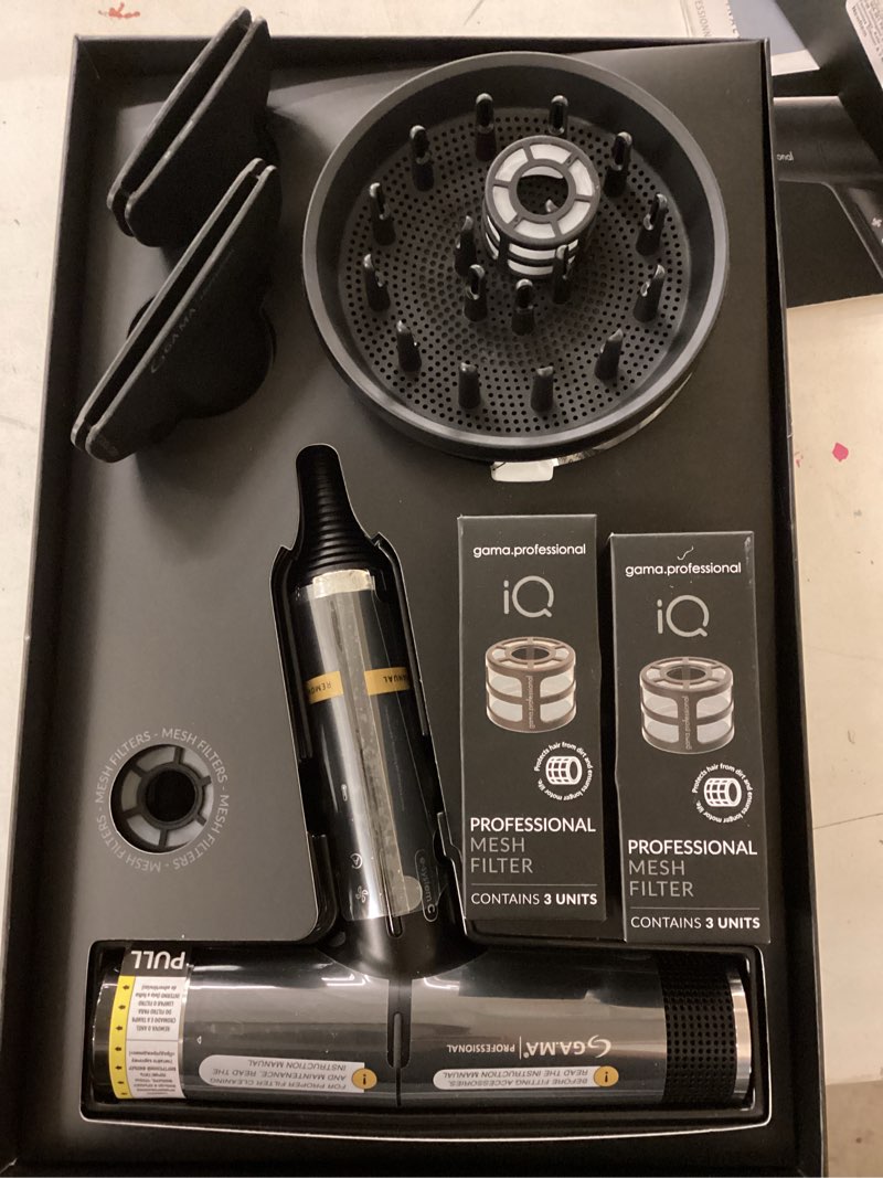 Condition photo showing New/Like New for ga.ma iq1 perfetto hair dryer with 110,000 rpm intelligent brushless motor, oxy active technology, auto-clean & washable filter, includes diffuser & 3 nozzles, black