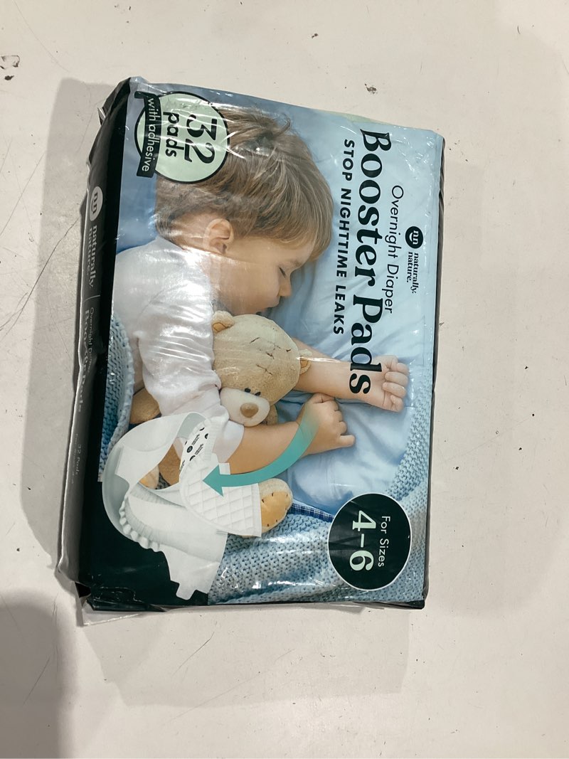 Condition photo showing New/Like New for naturally nature overnight diaper booster pads, stops overnight leaking, diaper liners for toddler, nighttime diapers size 5, adhesive pad for girls, boys, 32 ct.