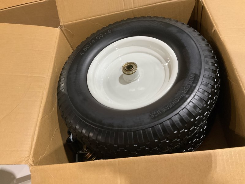 Condition photo showing As Is for 4.80/4.00-8" wheelbarrow tire, 16" flat-free solid tire and wheel, 3" centered hub, 5/8" axle bore hole,for garden wagon cart trolley dolly replacement(2 pack) 3" hub & 2 pack