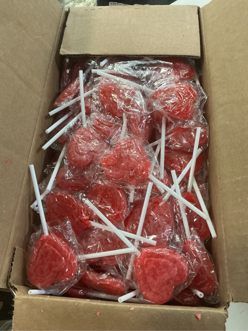 Condition photo showing New/Like New for (bb:2027-06-08)fruidles cherry double heart lollipops, 10 pounds (bulk) double heart shaped flavored, individually wrapped 18 gram lollipop red double heart 10 pounds (bulk)