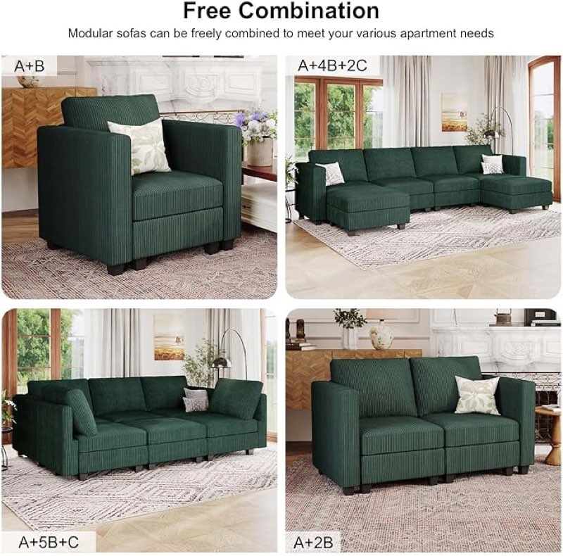 (incomplete only 2 pcs ) Corduroy Middle Seat Modular Sectional Couch Module Parts Convertible Modern Sectional Sofa Couch, Green