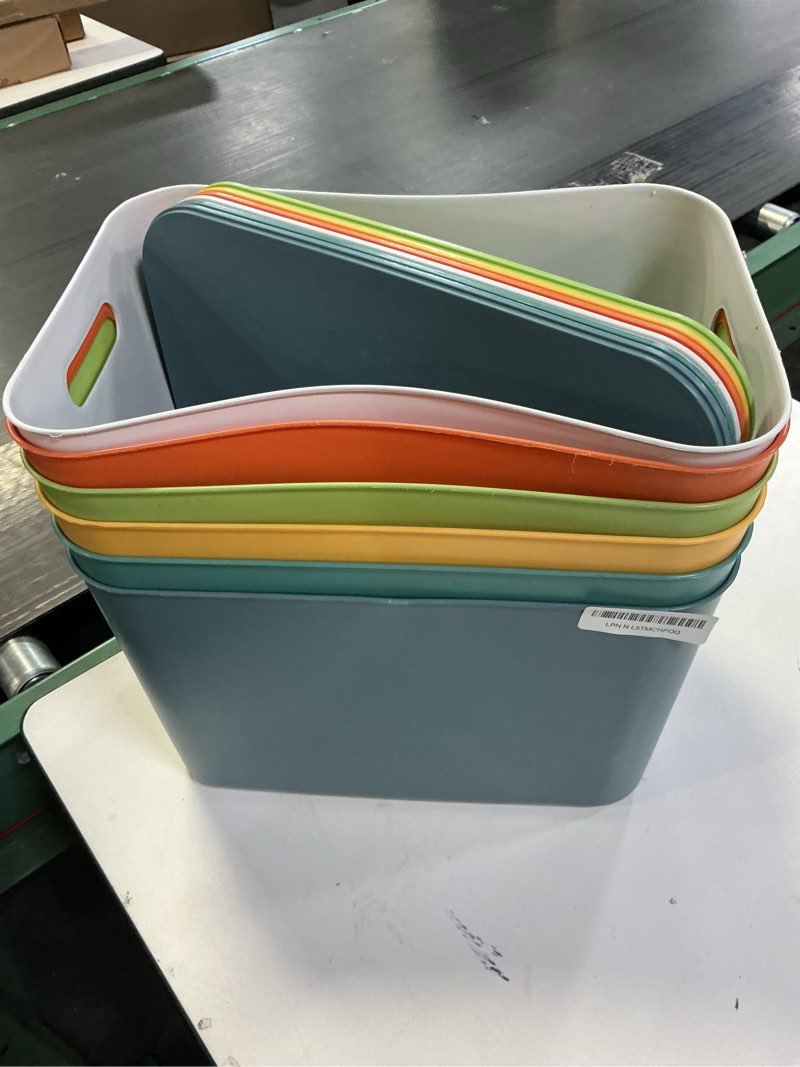 Condition photo showing Good Condition for Thyle 6 Pcs 14 In Colorful Plastic Storage Bins 6 Colors Stackable Large Capacity Plastic Desktop Storage Box with Handles Lids, Labels and Marker for Office Classroom Cabinet (14 x 10 x 9 Inch)