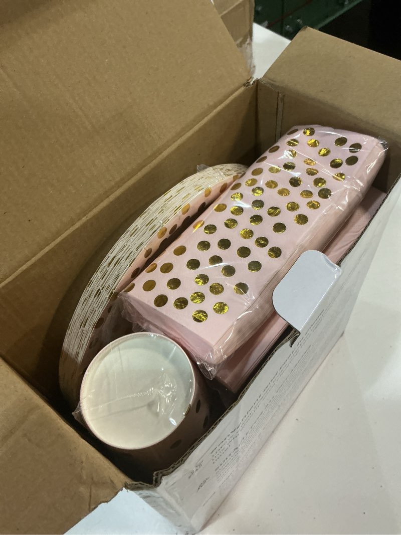 Condition photo showing Good Condition for 175 pink rose gold plates napkins party decorations, pink and gold disposable party supplies, plastic forks knives spoons rose, golden dot paper 9 inch for baby shower birthday, severs 25 pink2 25 guests