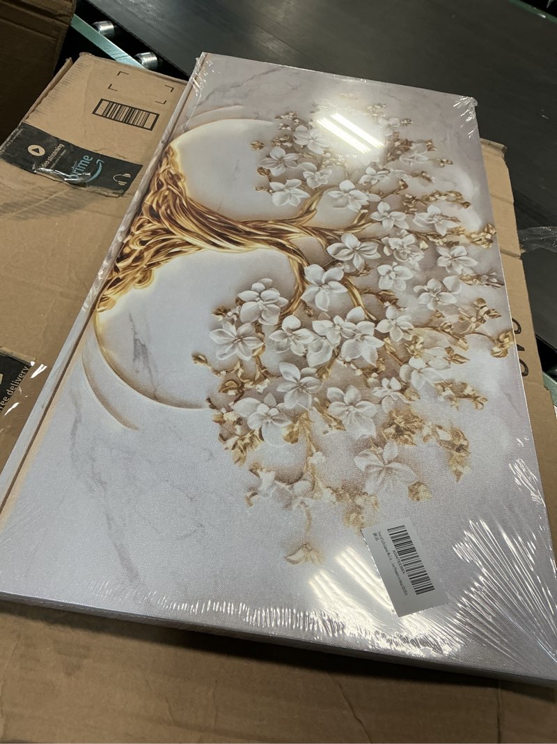 Condition photo showing Good Condition for Tree of Life Canvas Wall Art Gold White Flowers Wall Decor Picture Natural Landscape Poster Print Artwork For Living Room Bedroom Office Paintings Decoration Prepare to hang 32x16in canvas 32L" x 16W"