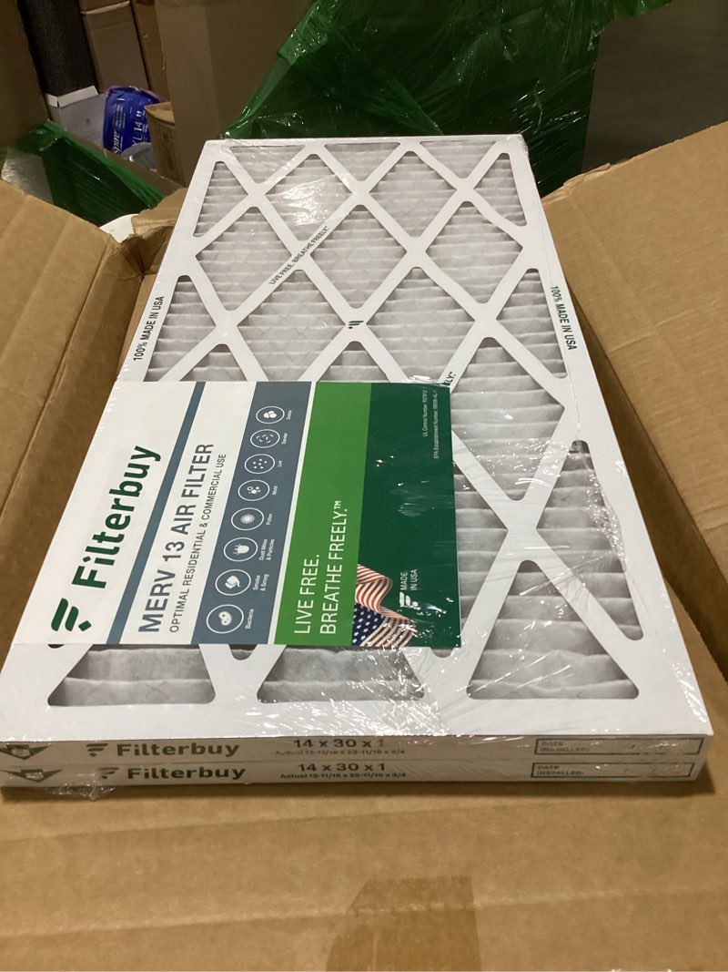 Condition photo showing As Is for filterbuy 14x30x1 air filter merv 8 dust & allergy defense (2-pack) | electrostatic pleated hvac ac furnace filters replacement, made in usa (actual size: 13.88 x 29.88 x 0.75)