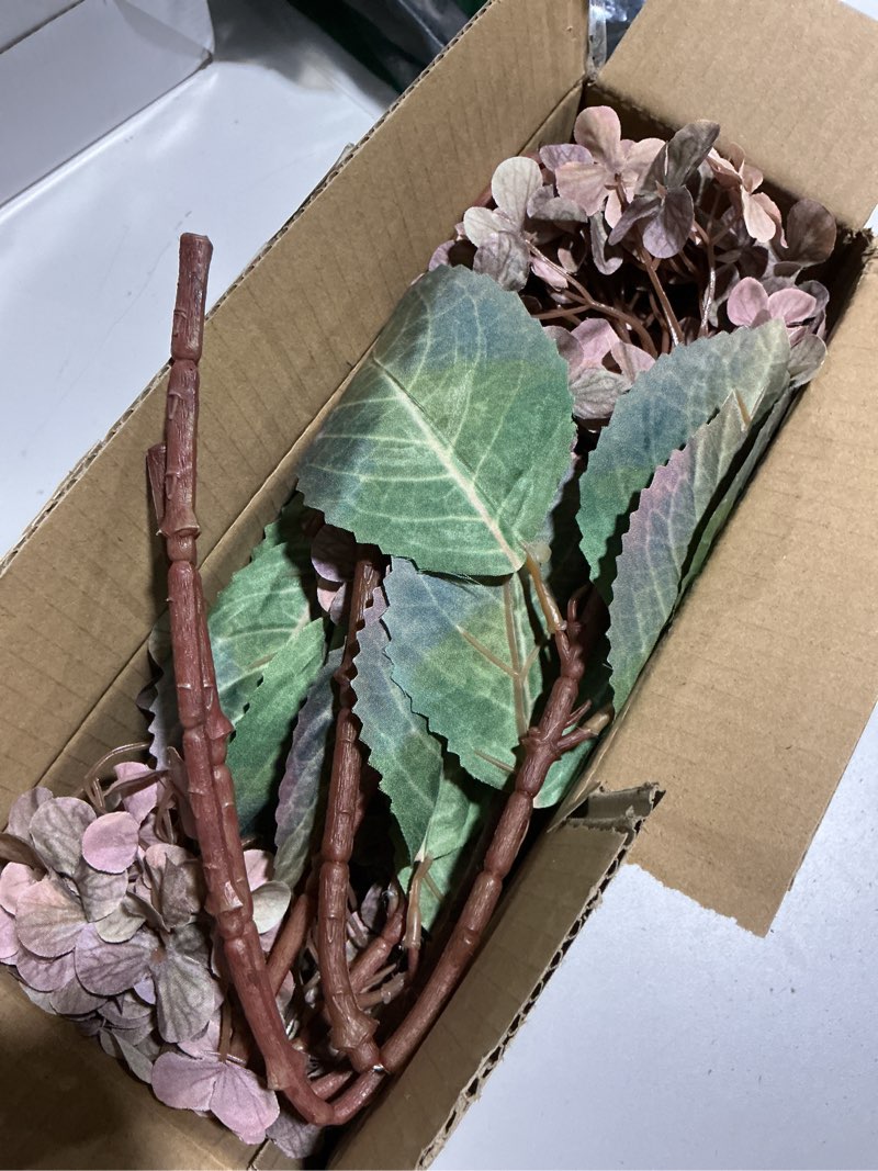 Condition photo showing As Is for Artificial Flower Fake Silk Hydrangea Heads Bouquet with Stems Bulk for Fall Decoration Table Center Christmas Indoor Outdoor Faux Floral Realistic with Leaves Plants Crafts 8PCS(Brown)