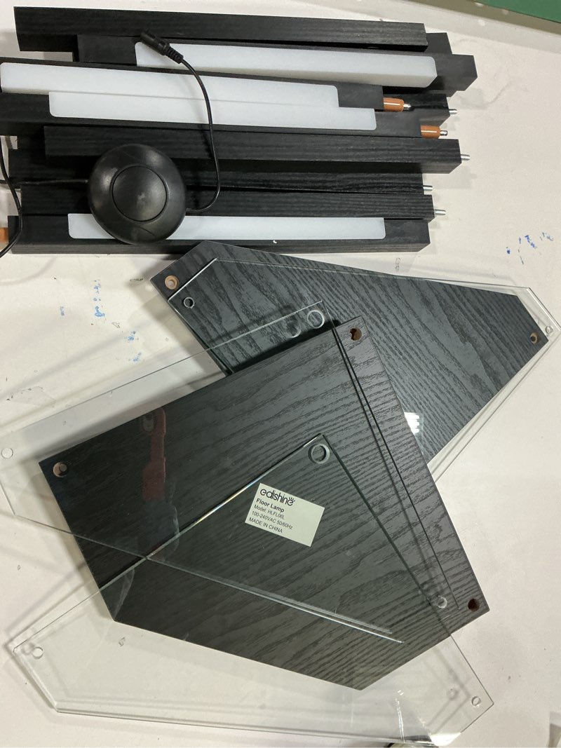 Condition photo showing As Is for EDISHINE Floor Lamp with Shelves, 5-Tier Glass Display Shelf with Remote/Foot Control, 5CCT & Dimmable Corner Shelf Lamp, Open Display Cabinet, Floor Lamps for Living Room, Bedroom, Black