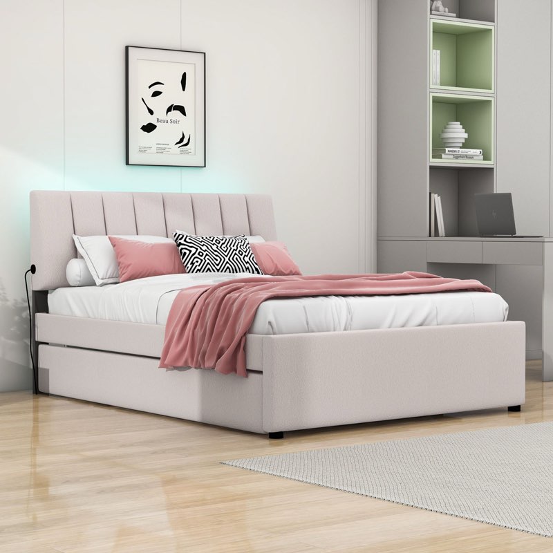 (incomplete box 2 of 2 )Wood Upholstered Platform Bed with Trundle and Headboard