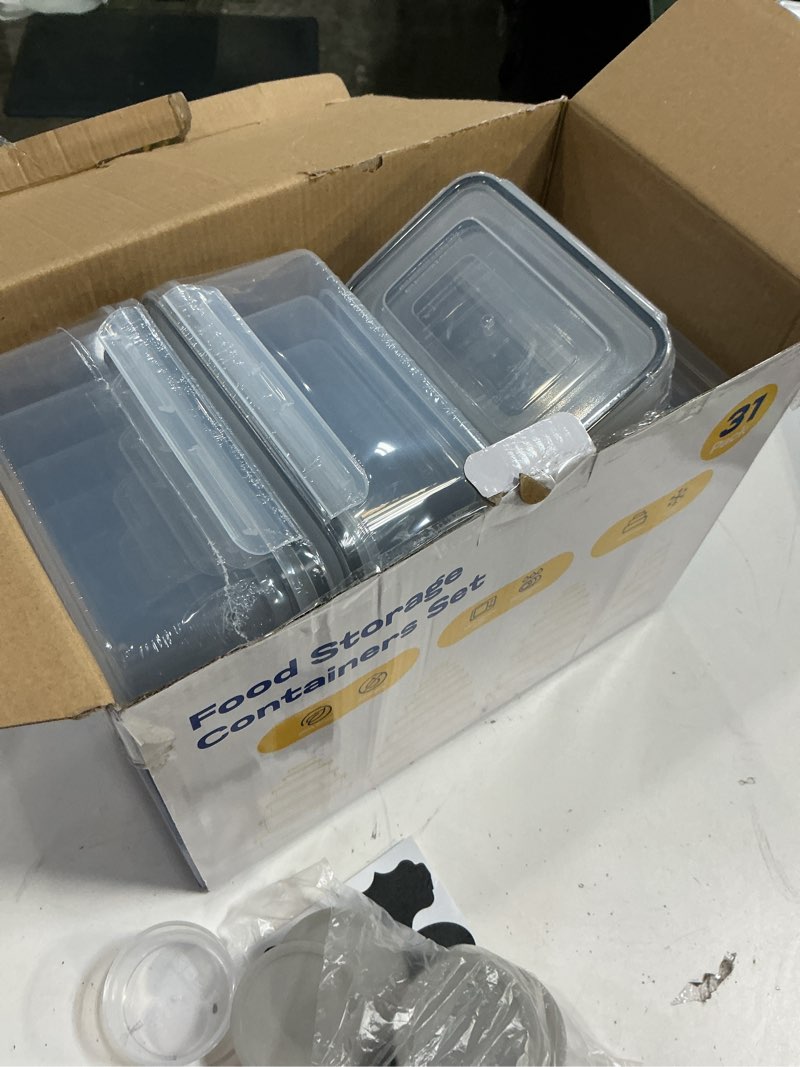 Condition photo showing New/Like New for 62 pcs large food storage containers with lids airtight (31 lids & 31 containers)- 85 oz reusable plastic leakproof meal-prep container for kitchen storage organization microwave/dishwasher safe 31 pack