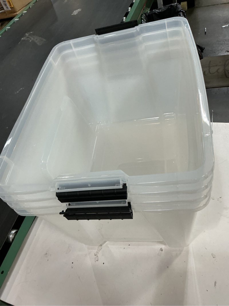 Condition photo showing As Is for ( incomplete) IRIS USA 54 Qt Stackable Plastic Storage Bins with Lids, 6 Pack - BPA-Free, Made in USA - See-Through Organizing Solution, Latches, Durable Nestable Containers, Secure Pull Handle - Clear Clear 54 Qt 6 Pack