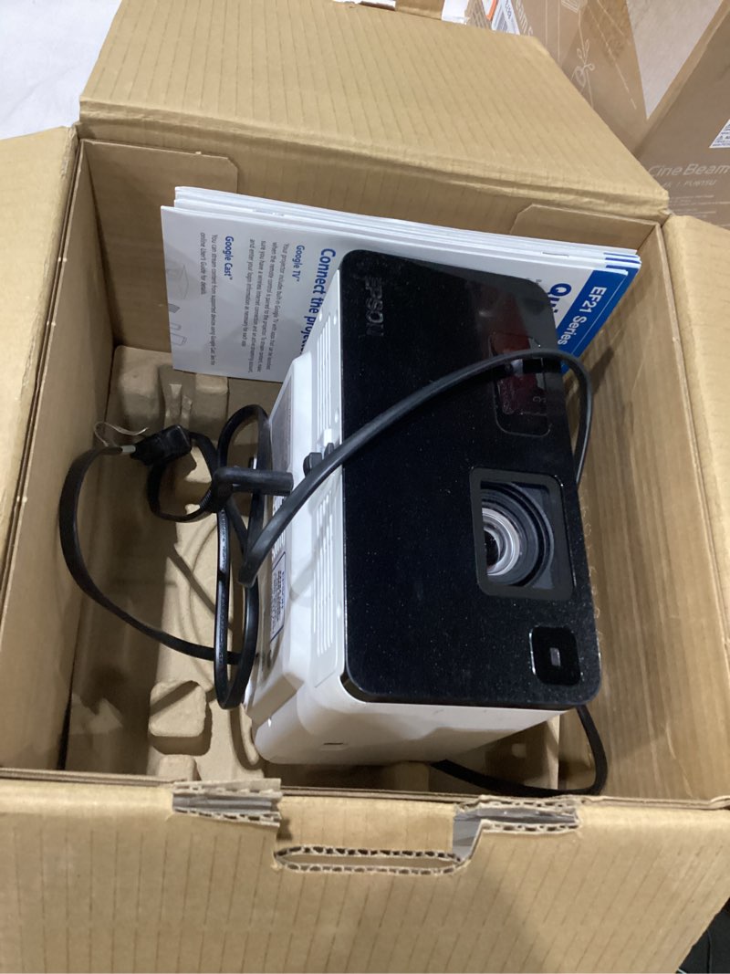 Condition photo showing As Is for used not tested epson epiqvision mini ef21 portable smart laser projector, bright 1,000 lumens, fhd 1080p hdr, 3-chip 3lcd, google tv, netflix, stereo speakers, family party/outdoor backyard/home theater - white