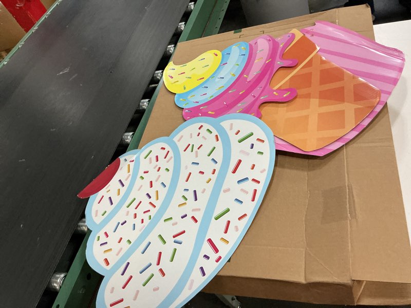 Condition photo showing As Is for cinnvoice 2 pcs large ice cream stand for party 31.5''x19.69'' candy cardboard signs with glue and support frame for ice cream birthday party decor sweet theme shop photo booth prop backdrop(cute)