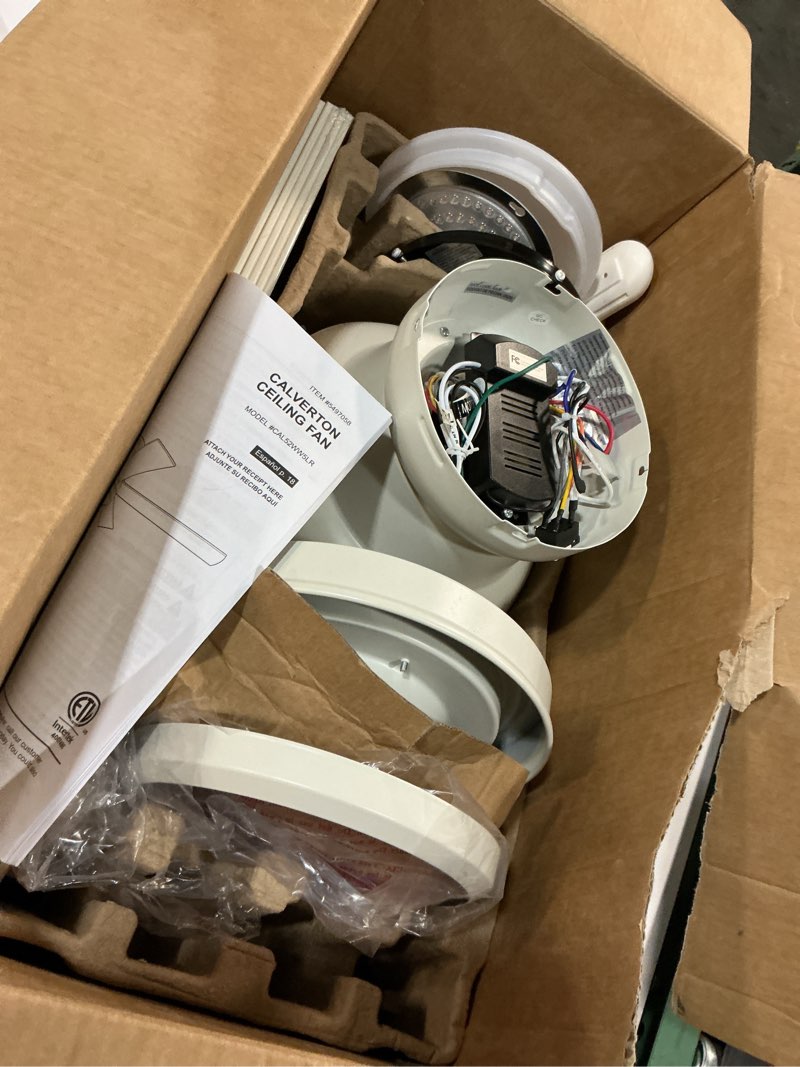 Condition photo showing As Is for harbor breeze calverton 52-in white with white/driftwood blades color-changing indoor flush mount ceiling fan with light and remote (5-blade)
