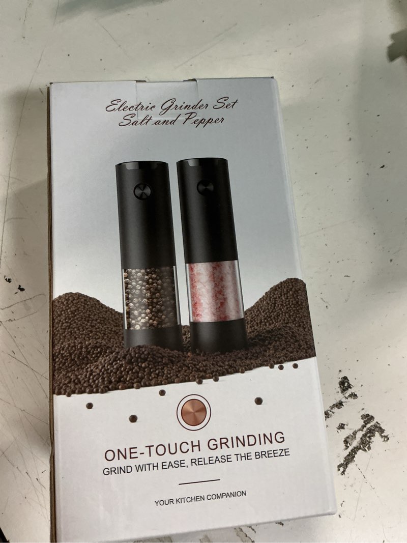 Condition photo showing New/Like New for Electric Salt and Pepper Grinder Set Automatic Battery Pepper Mill Shakers Adjustable Coarseness Upgraded Larger Capacity with Led Home and Kitchen Appliances Birthday Gifts for Women Mom Black/Black
