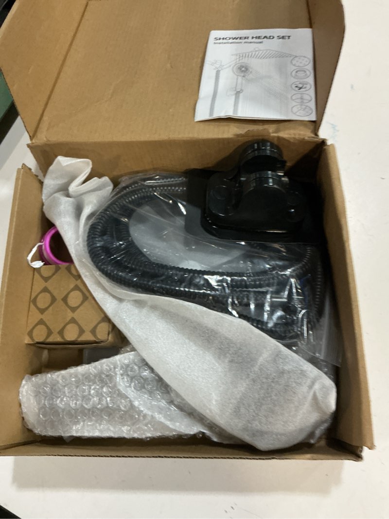 Condition photo showing Good Condition for shower head, 8 inch multifunction high pressure rain shower head with handheld spray combo with 11'' angle adjustable extension arm/flow regulator/shower system matte black