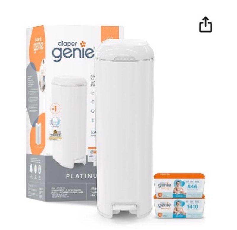 Diaper Genie Platinum Diaper Pail Gift Set | Hands-Free Odor Control with Foot Pedal | Stainless Steel Baby Diaper Pail | Includes 2 Easy Roll Refills 48 Bags Total | Baby Registry Must-Have