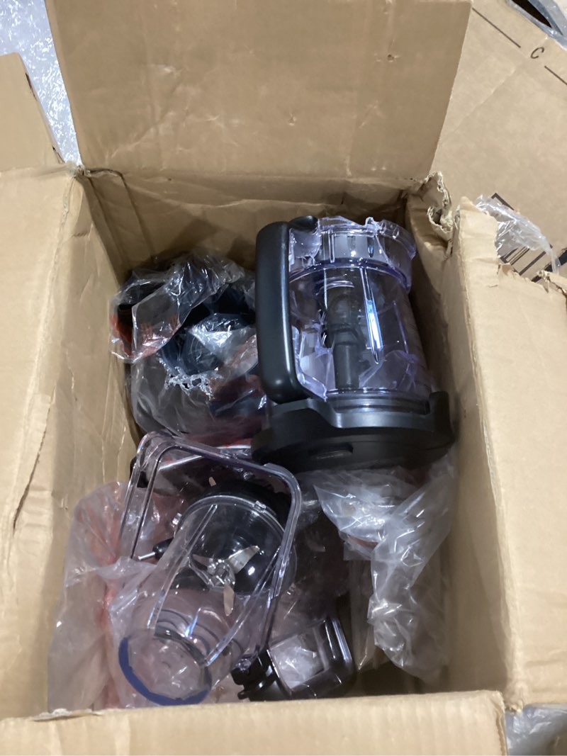 Condition photo showing As Is for ninja blender, compact kitchen system, 1200w, 3 functions for smoothies, dough & frozen drinks with auto-iq, 72-oz.* blender pitcher, 40-oz. processor bowl & 18-oz. single-serve cup, grey, amz493brn 1200 peak watts