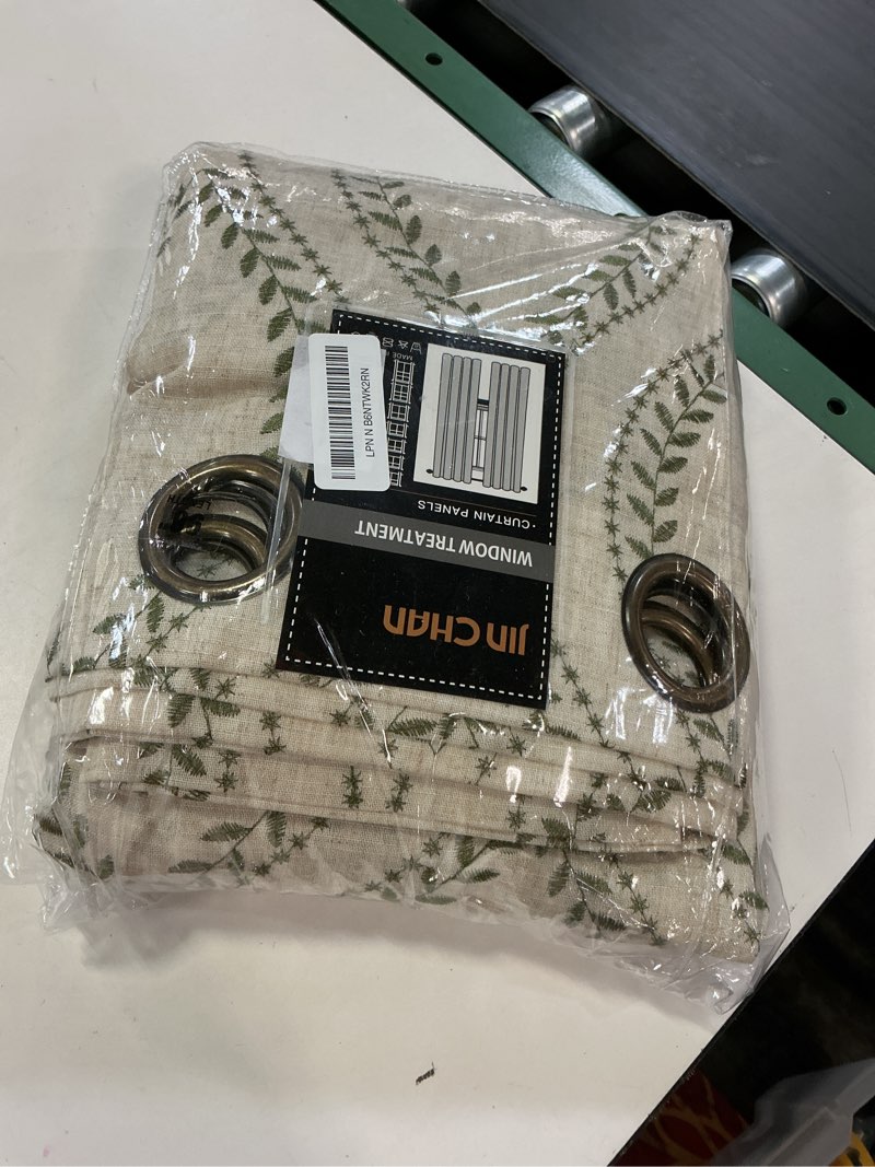 Condition photo showing Good Condition for jinchan Boho Linen Blend Curtains Beige Farmhouse Curtains 96 Inches Long Green Embroidered Leaf Living Room Ogee Geometry Drapes Light Filtering Grommet Country Drapes 2 Panels Green on Flax 50"W x 96"L (Pack of 2) Vine Green